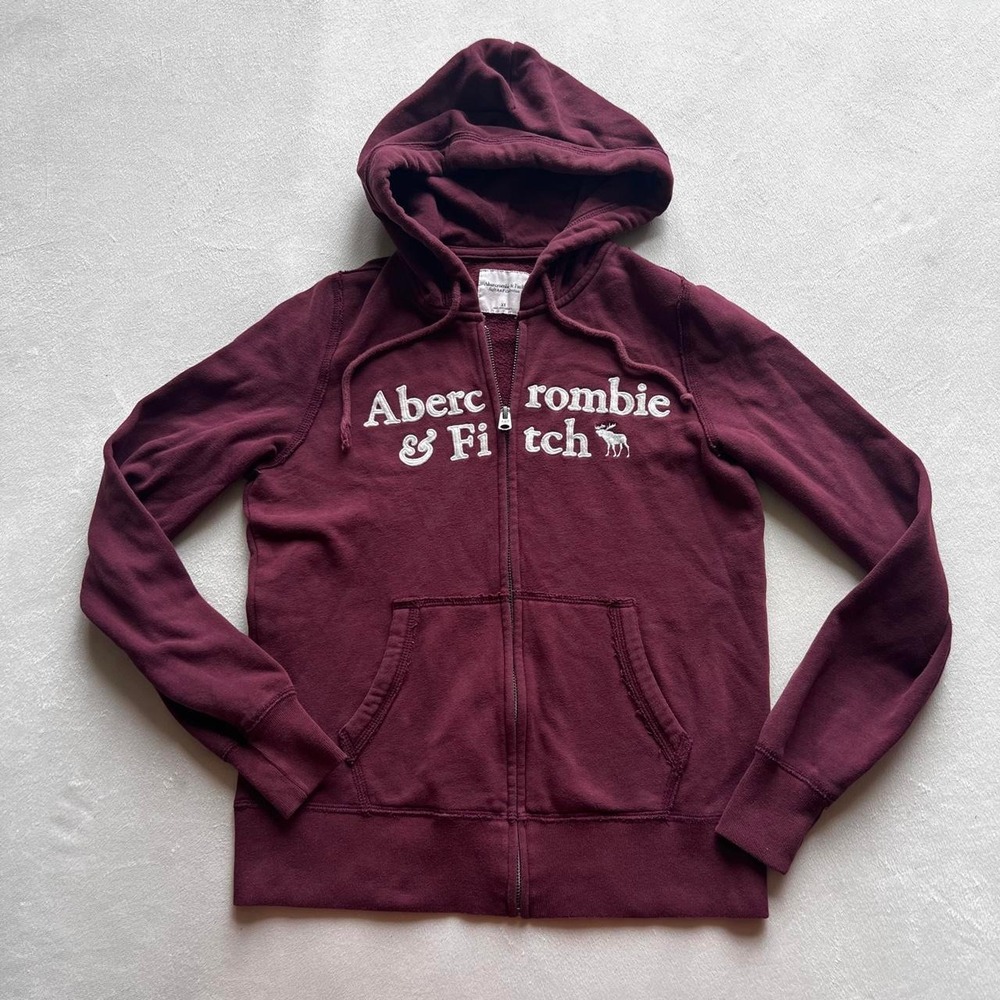 Abercrombie & Fitch Preppy School Burgundy Maroon A&F Zip Up Hooded Sweatshirt